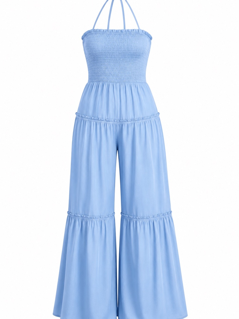 Blue Halter Neck Smocked Jumpsuit With Open Back & Wide Leg Pant For Size 2X